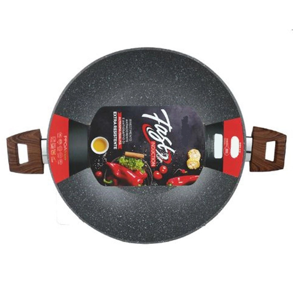 Trade Shop - Wok Rivestimento Antiaderente Antigraffio Per Induzione Con 2 Manici Legno ø24-28-32cm -