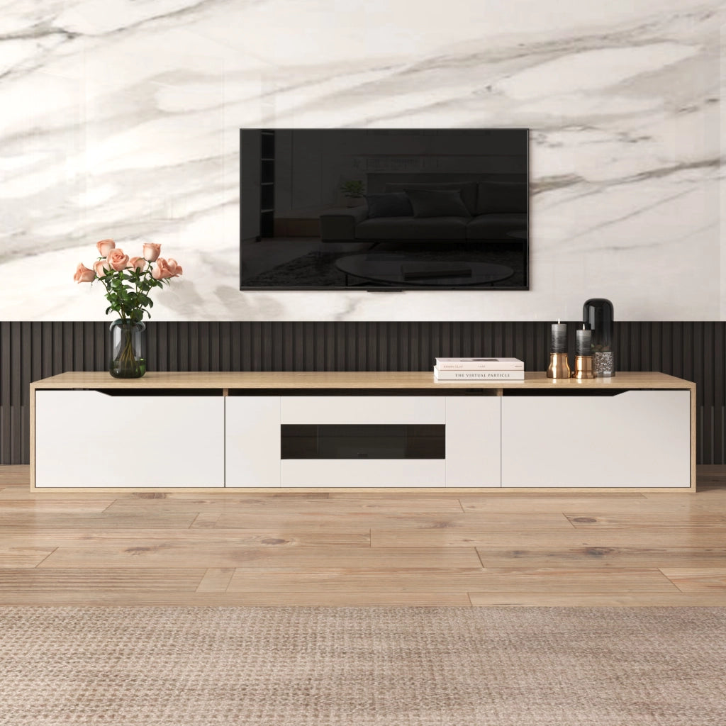 Mobile TV con Ante Scanalate e LED 16 Colori; Bianco Lucido e Effetto Legno; 180¡Á35¡Á30 cm; in Pannello Truciolare