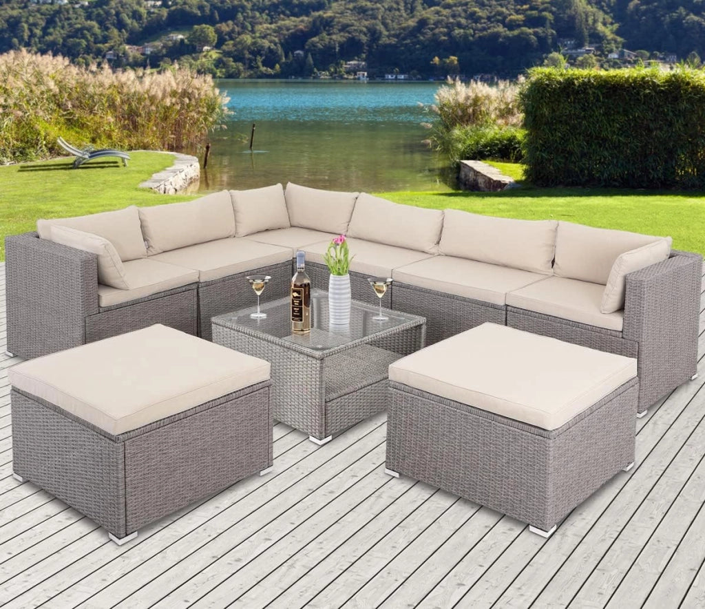 Set Salotto in Polyrattan XL Cuscini Imbottiti Tavolo in Vetro Resistente Mobili da Giardino Salottino Angolo