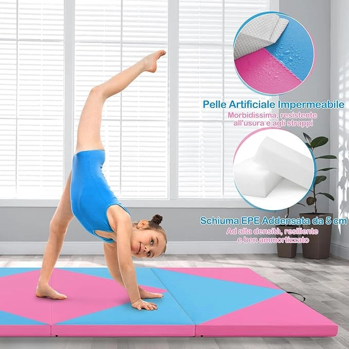 Tappetino Ginnastica Pieghevole 240 CM, Tappetino Fitness con Maniglie e Chiusure a Strappo per Stretching, Yoga, Arti Marziali da Casa e Palestra