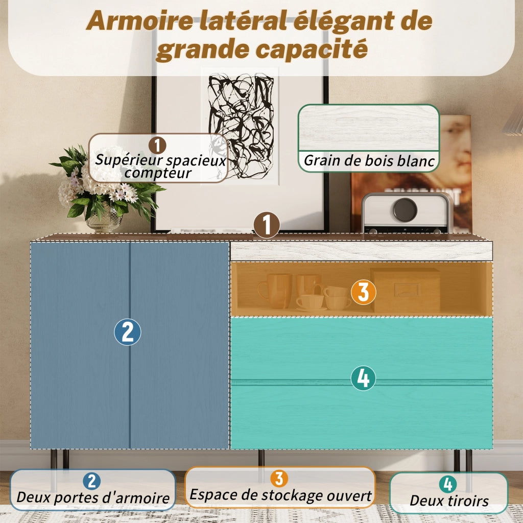 Credenza con 2 Ante; 2 Cassetti e Ripiani Aperti per Soggiorno e Sala da Pranzo in Legno 140 × 42 × 77 cm Bianco