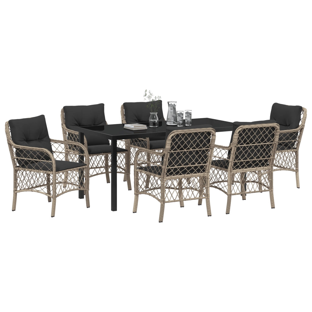 Set da Pranzo da Giardino da 7 Pezzi con Cuscini Grigio Chiaro Polyrattan