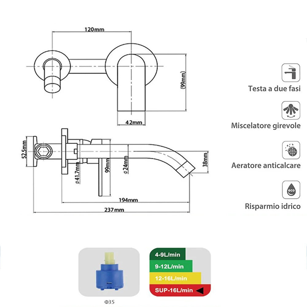 Rubinetto Lavabo Incasso Cromato a Parete Miscelatore 2 Fori 94006