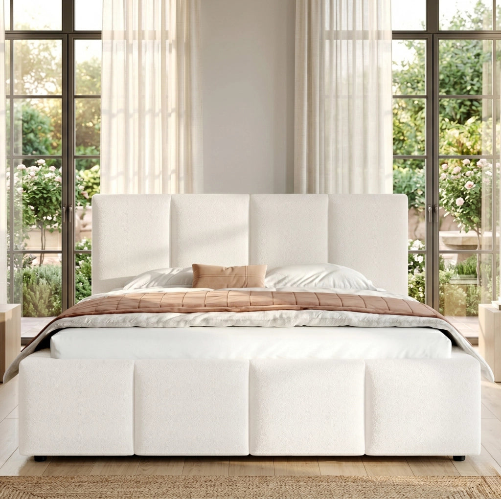Letto matrimoniale imbottito in bouclé 180x200 cm beige con rete a doghe