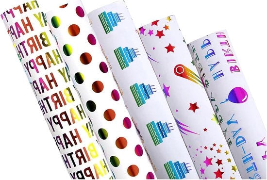 Papier per Feste di Compleanno - Carta Colorata per Feste - 5 Fogli - Ragazzi e Ragazze - 50 cm x 70 cm
