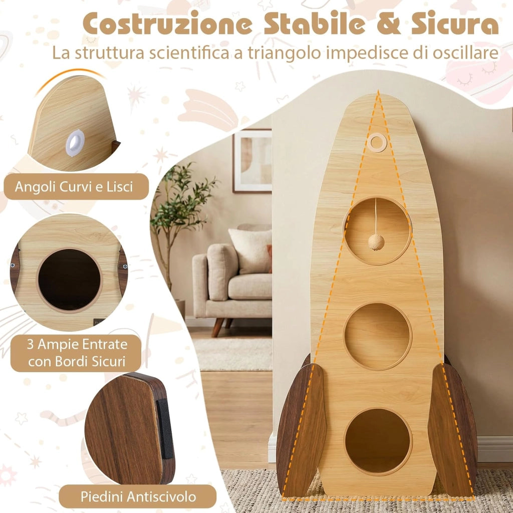 Albero per Gatti a Forma di Razzo, Tiragraffi per Gatti da Interno in Legno Alto 120 cm con Condo a 2 Piani, Perno Superiore e Pedana Graffiatrice in Sisal, Mobile per Gattini