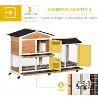 Conigliera a 2 Livelli con Rete Protettiva, in Legno, Metallo e Bitume, 157.4x53x99.5 cm, Giallo Bianco e Nero