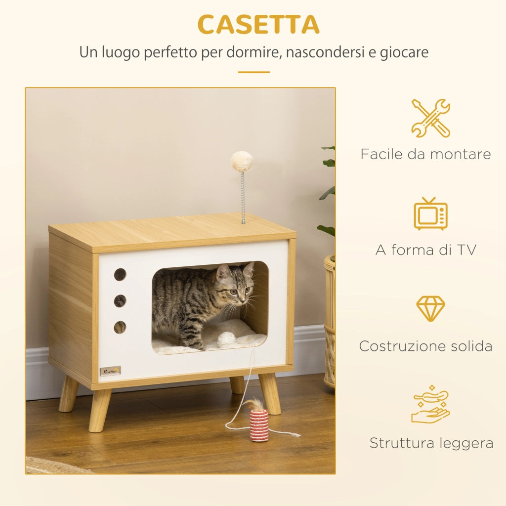 Libreria per Gatti in Truciolato a forma di Televisore con Cuscino e Pallina ¨C zephmum ¨C 50x28x43 cm