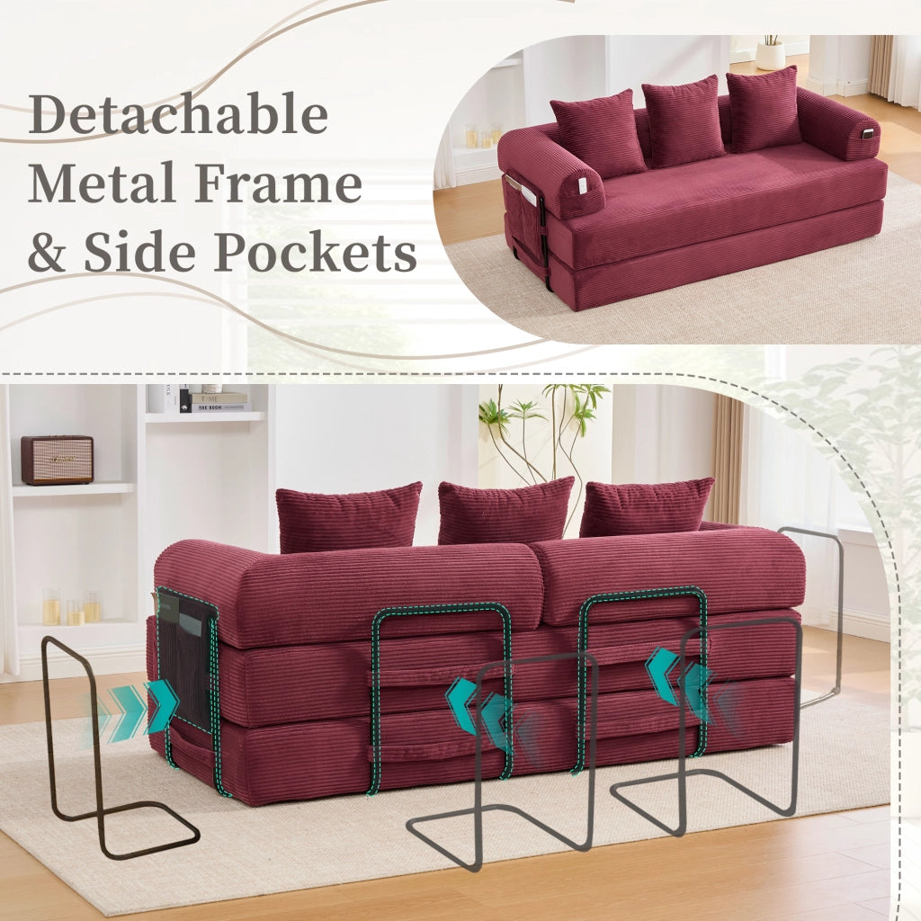 Divano modulare con struttura in metallo, tasca laterale e 3 cuscini, in velluto a coste rosso vino 200 × 94 × 67 cm