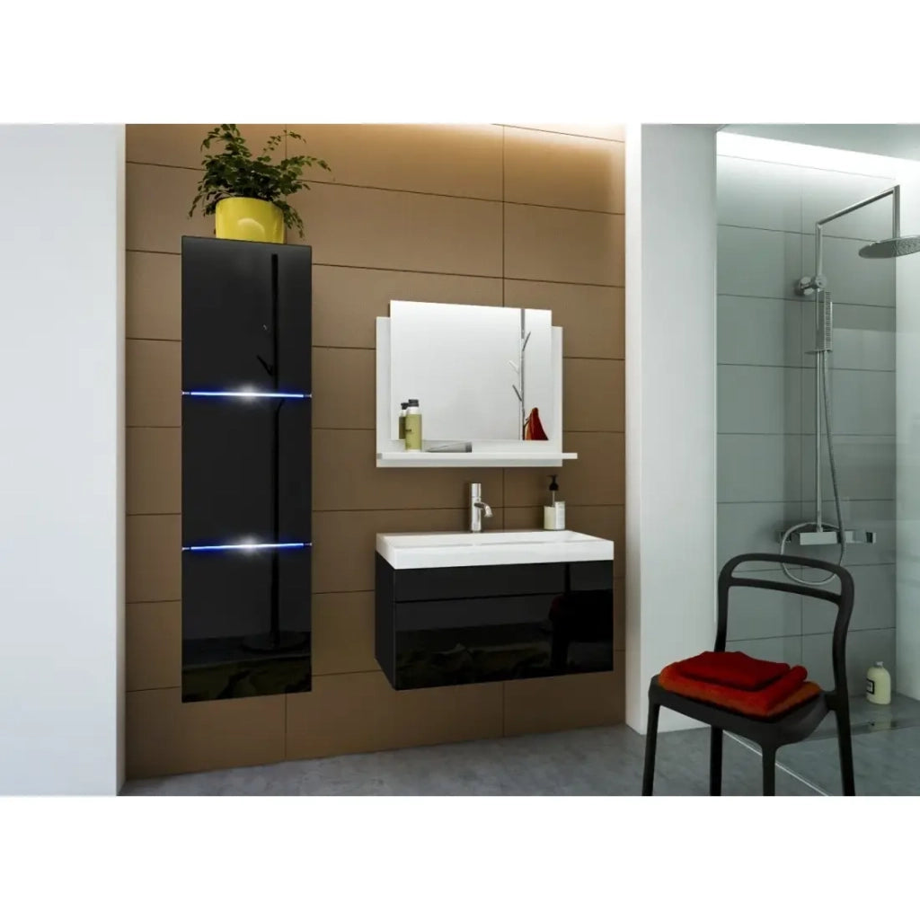 Mobile sottolavabo sospeso collezione RAVEN, colore nero opaco e lucido, con lavabo e sifone incluso.