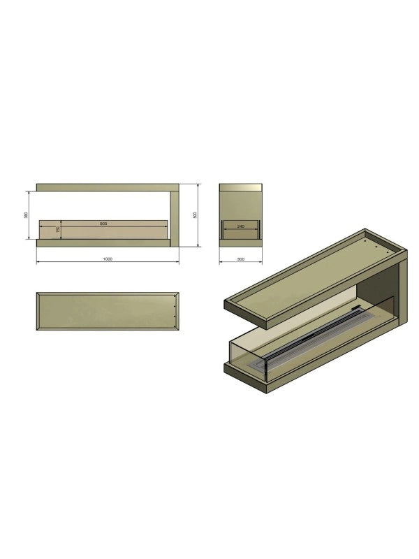 Caminetto a Bioetanolo Da Incasso di Design U1000.2 con Vetro Aperto su 3 Lati Bruciatore da 2 Litri