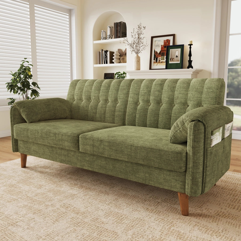 Divano a 2 posti in chenille con cuscino seduta spesso, schienale trapuntato, tasche laterali e cuscini bracciolo, verde