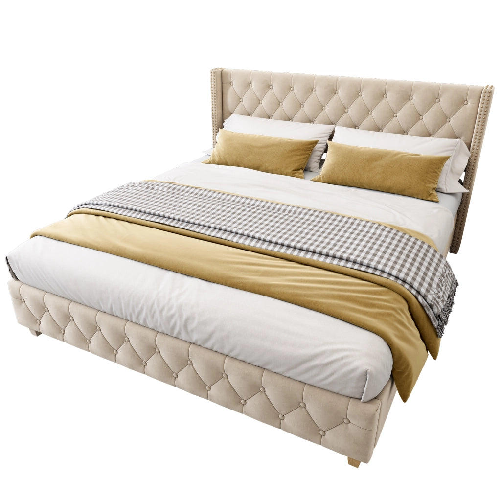 Letto Matrimoniale 160×200 cm; Letto Imbottito in Velluto con Testiera Trapuntata e Borchie; senza Materasso; Beige Chiaro