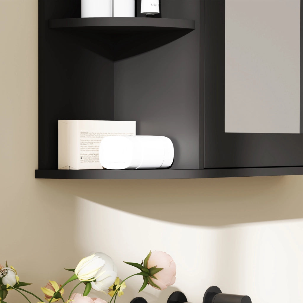Armadio con Specchio da  Bagno 66x17x63 cm con 6 Ripiani Aperti e 2 Chiusi in Legno e Vetro Nero