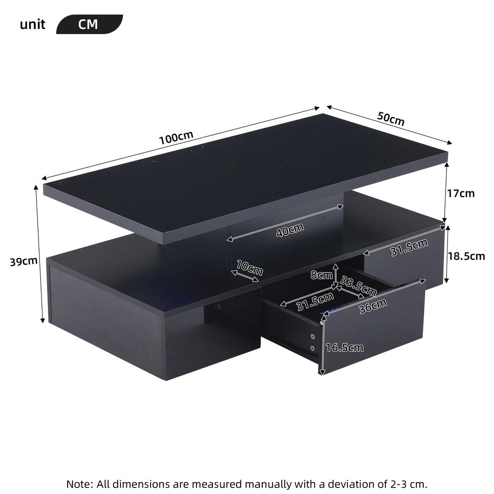 Tavolino da Caff¨¨ con LED 16 Colori e Cassetto ¨C MINIMAL ¨C Nero Lucido, Rettangolare, 2 Livelli