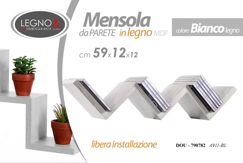 MAURY'S MENSOLA ZIG ZAG DIMENSIONI 59X12X12 CM IN COLORE BIANCO EFFETTO LEGNO
