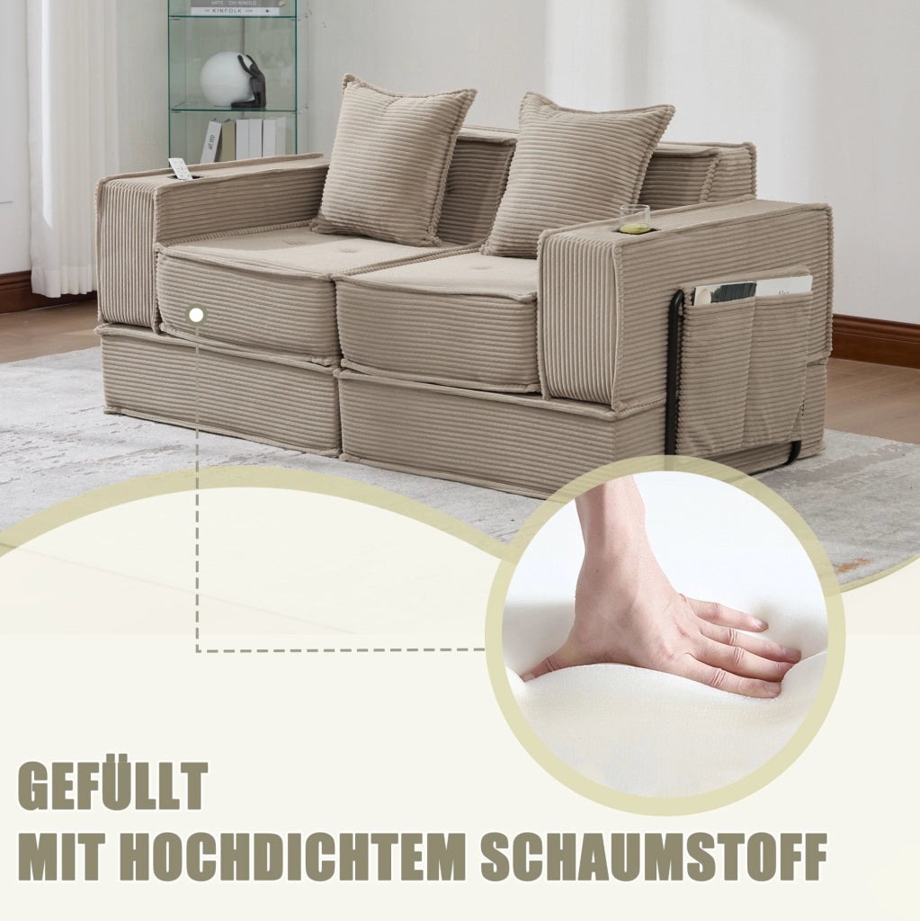 Divano pouf modulare in tessuto effetto corduroy color khaki; 162x78x66 cm; con 2 cuscini