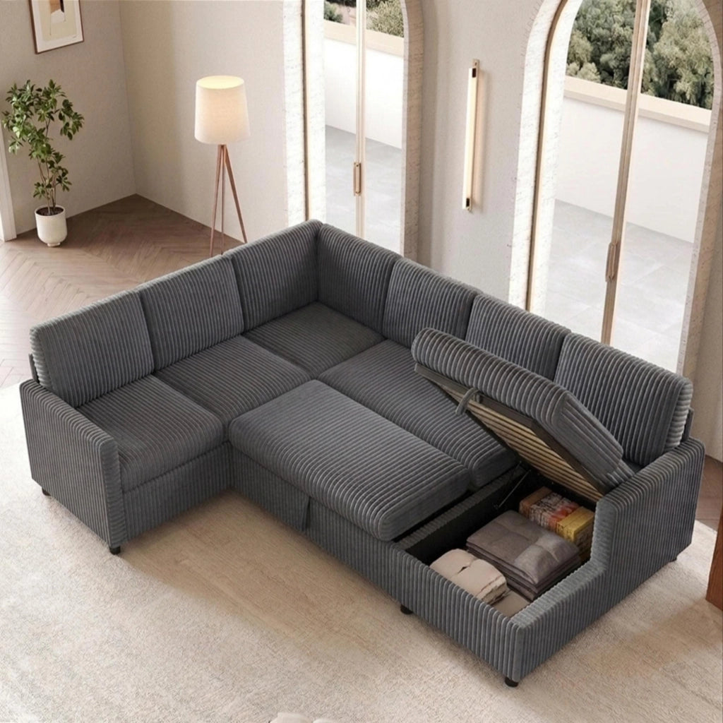 Divano letto angolare a U in velluto a coste grigio con chaise longue contenitore