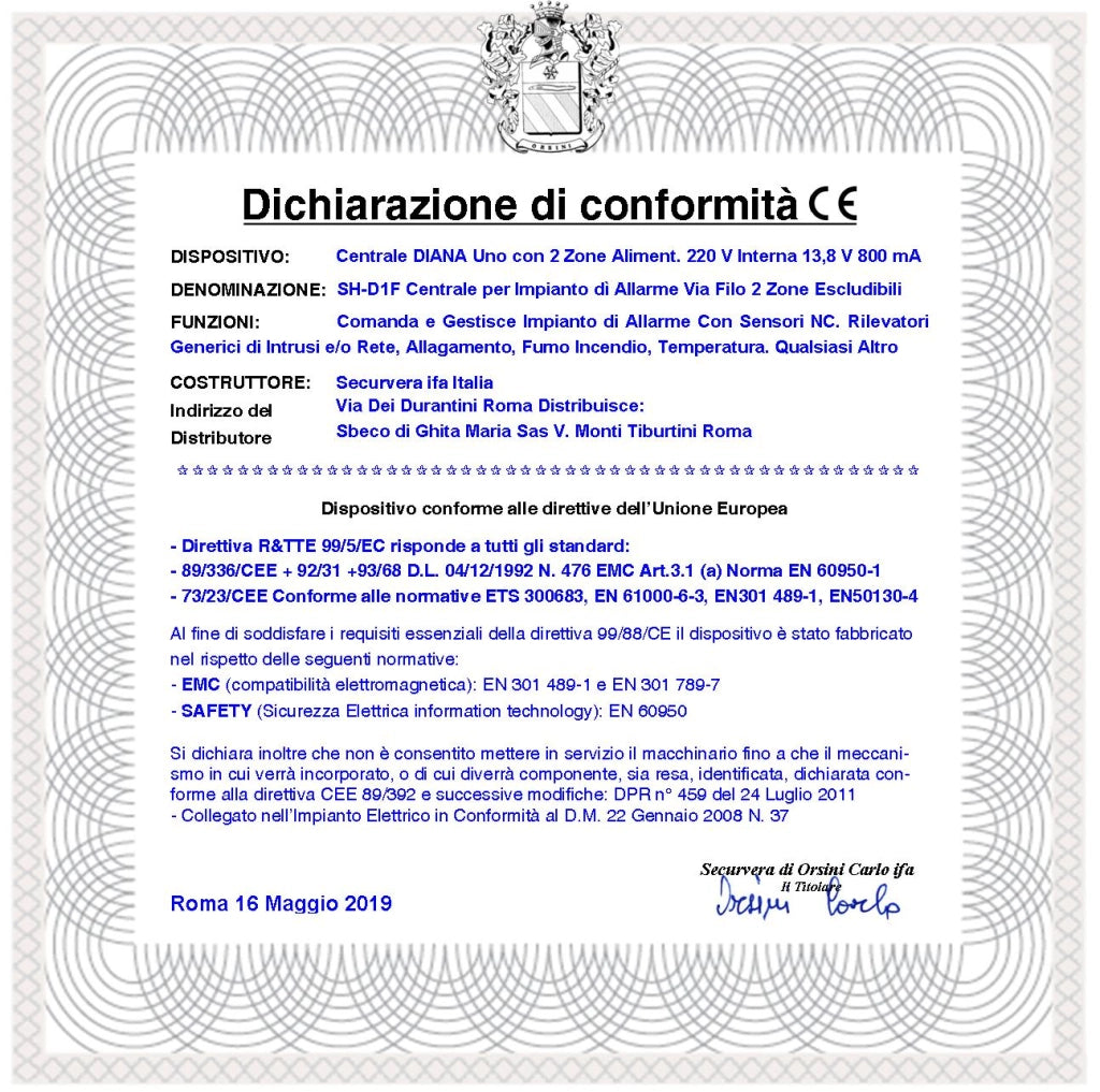Centrale di Allarme Diana 2 Zone Chiave Meccanica Batteria 12 V 7 Ah Per Impianto Antifurto Filare. Gestisce Sensori Ingresso Per Chiave Remota o Telegestione Comando Sirene Combinatore SOS Fumogeni