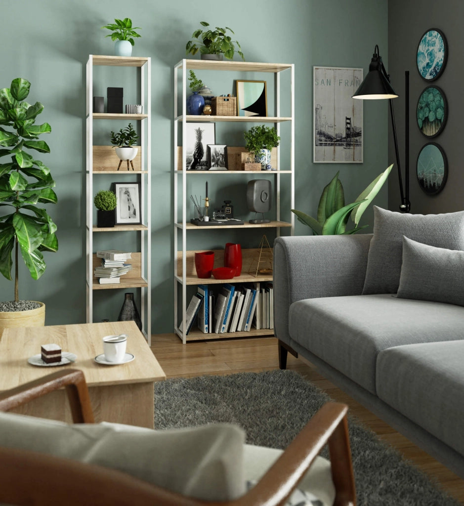 Scaffale stilo loft con ripiani in legno 40 cm Bianca 40 cm inserto frontale Sonoma Quercia 40x32x192 cm