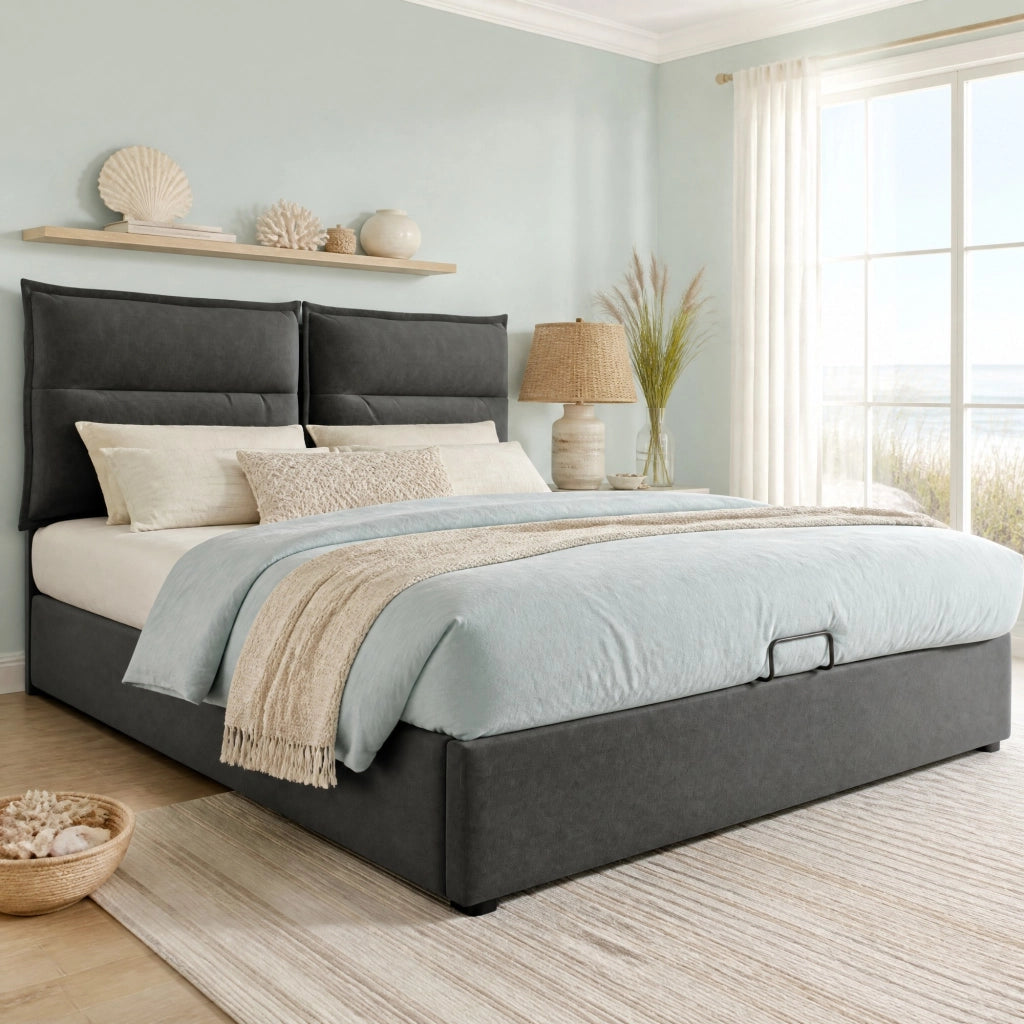 Letto matrimoniale imbottito 140x200 cm con testiera regolabile, rete sollevabile e contenitore, velluto grigio