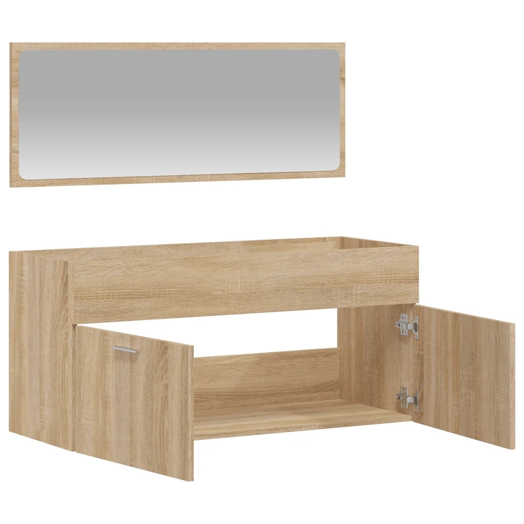 Mobiletto da bagno a parete con specchio 100 x 38,5 x 46 cm stile minimalista ampia capacità contenitiva legno di rovere Sonoma composito 02_0049279