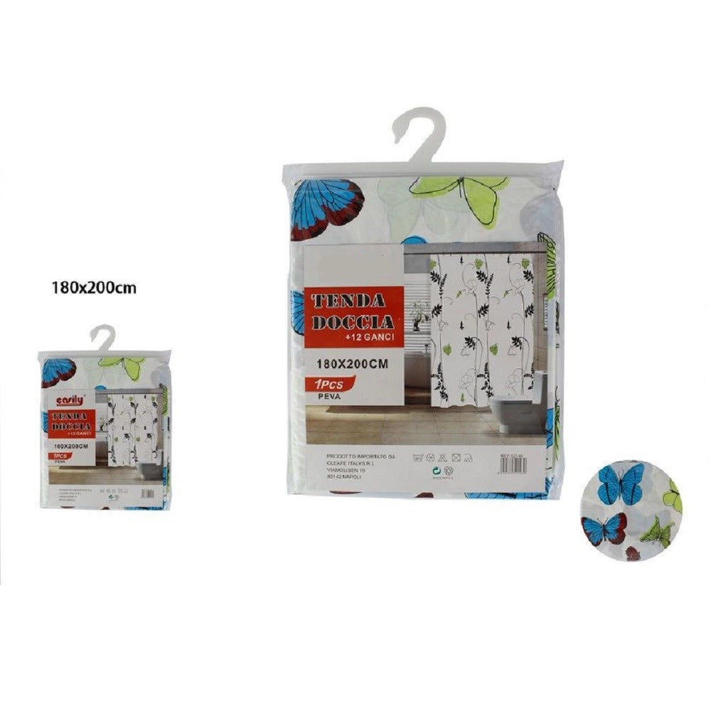 Trade Shop - Tenda Doccia Vasca Da Bagno Peva 12 Ganci Decorata Con Farfalle 180x200cm 52146 -