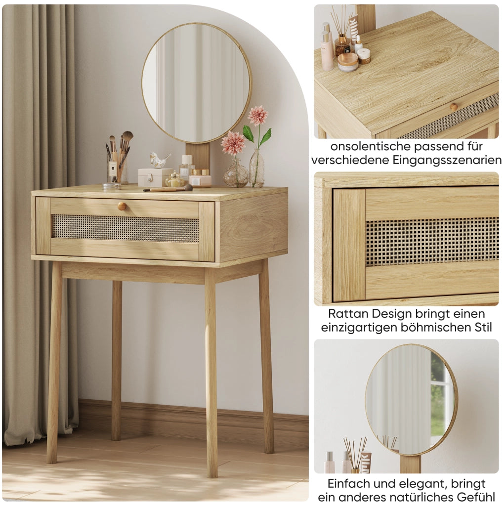 Toeletta con specchio rotondo e cassetti in MDF; vetro; truciolare e pino; rovere