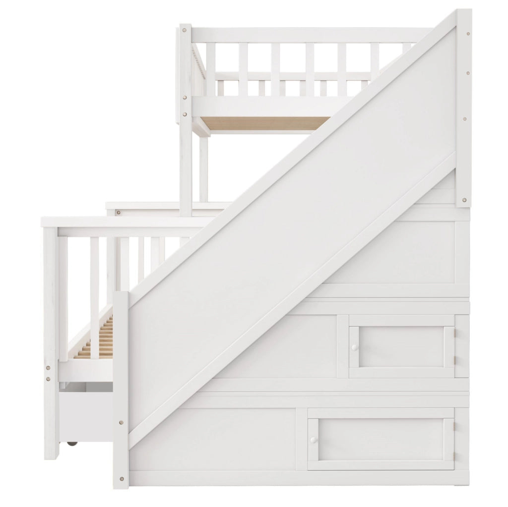 Letto a castello per bambini 90x200 e 140x200 cm con lavagna e cassetti bianco