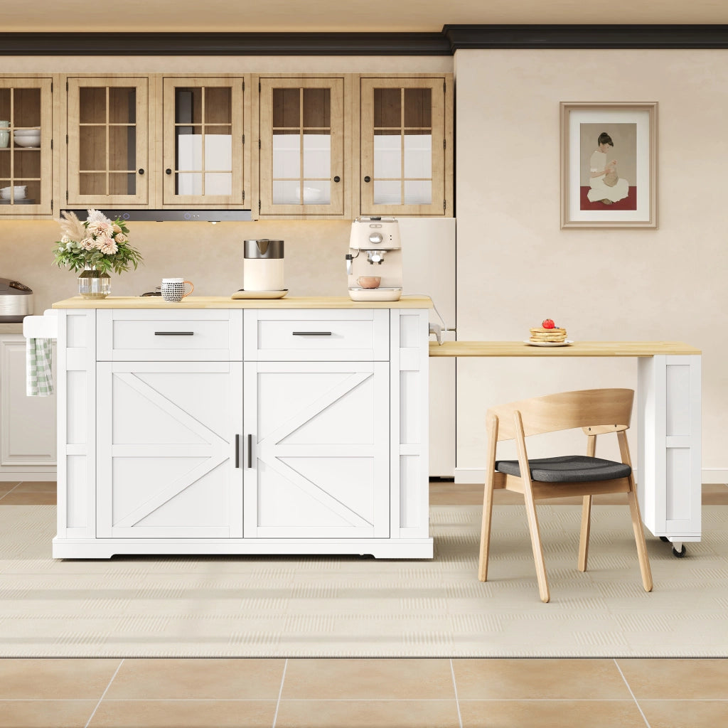 Isola da cucina mobile con piano estraibile, 2 cassetti, mobile con anta doppia, ripiano regolabile, presa integrata e 7 ruote