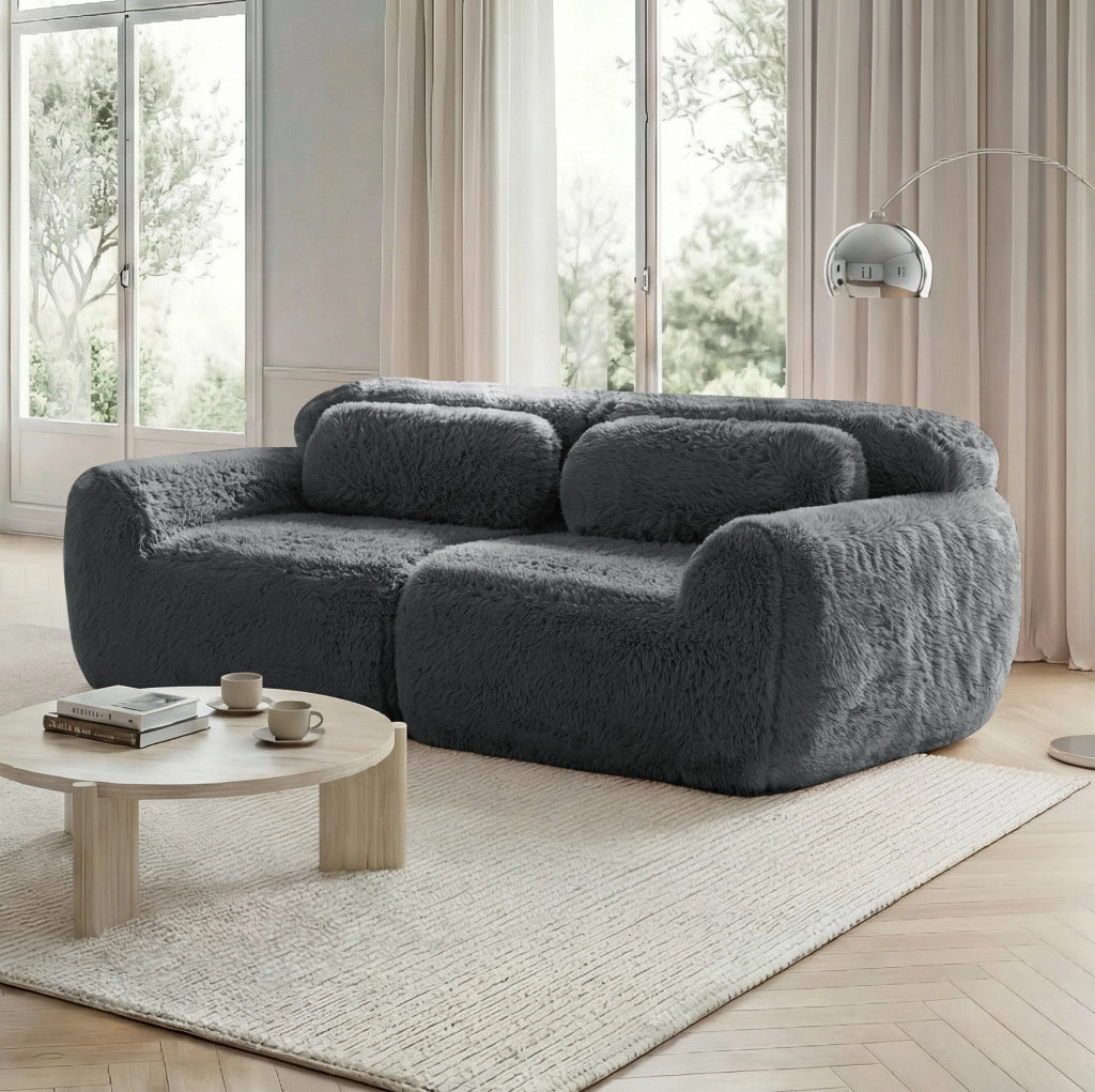 Divano modulare angolare in tessuto peluche grigio; senza montaggio