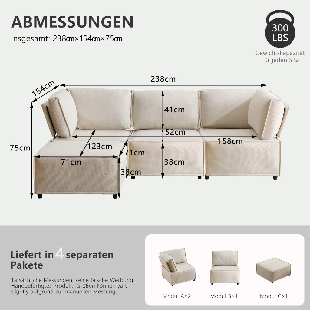 Divano modulare in legno con funzione letto e struttura flessibile in tessuto beige per soggiorno 238 × 154 × 75 cm