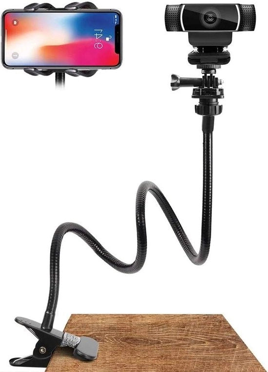Supporto per telefono/tablet/computer regolabile con attacco per macchina fotografica e braccio flessibile per montaggio su scrivania/letto.