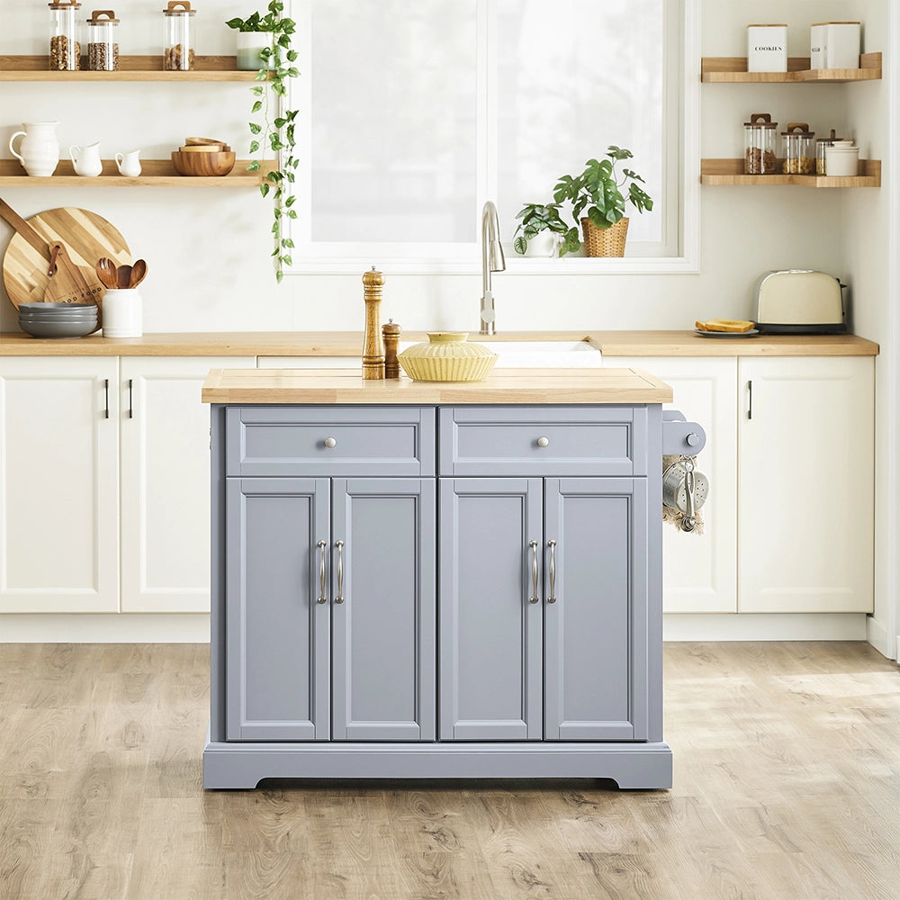 SoBuy Carrello Cucina con Ruote, Isola Cucina con Piano di Lavoro Estensibile, 2 Cassetti e Ripiani Regolabili Mobile Salvaspazio per Mobili da Cucina, Grigio 115 x 46-71 x 92 cm FKW71-II-HG