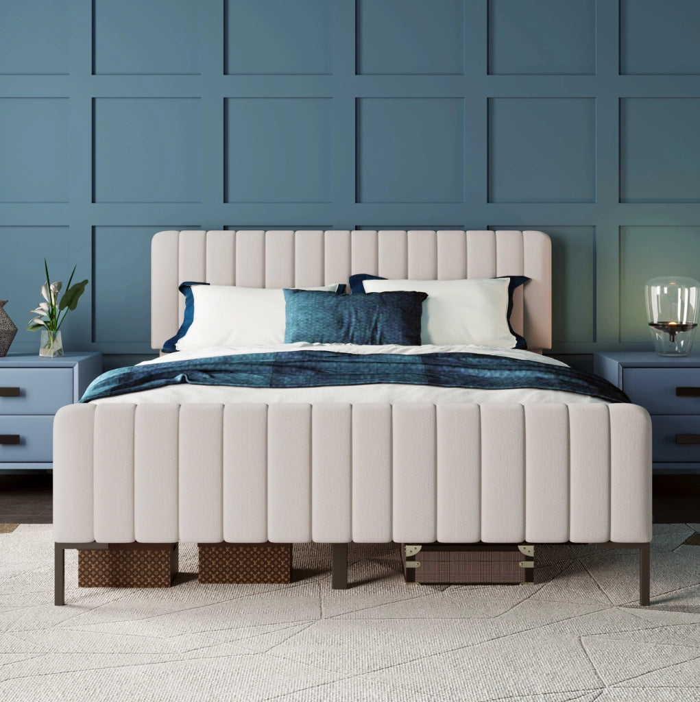Letto imbottito 160x200 cm; testiera regolabile; lino grigio-beige (Senza materasso)
