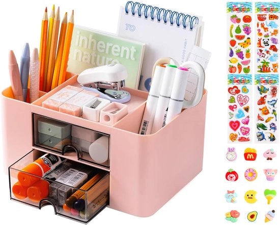 Organizzatore di scrivania con caricatore, penne accessori di scrivania con 5 compartimenti organizzatore multifunzionale per penne ufficio casa scuola, rosa