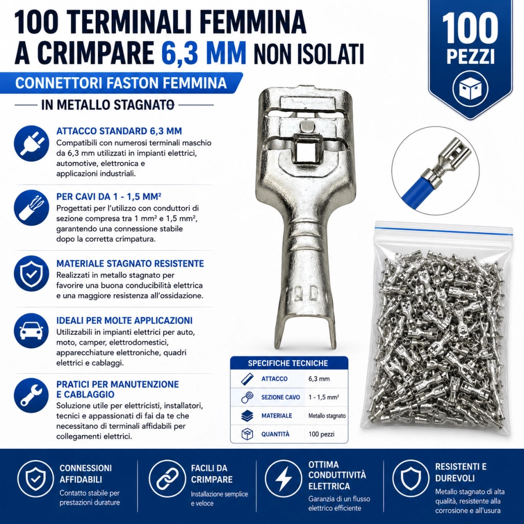 100 Terminali Capicorda Faston Femmina 6,3mm Con Linguetta A crimpare 100 Pezzi