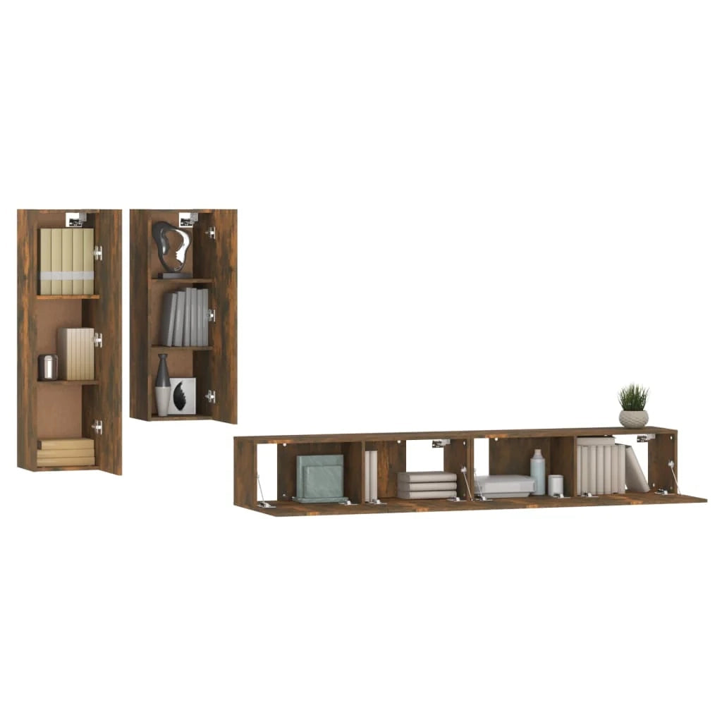 Set di mobili da 4 pezzi tra cui armadio credenza mobile TV set per soggiorno/camera da letto legno ingegnerizzato rovere affumicato finitura marrone 02_0024795