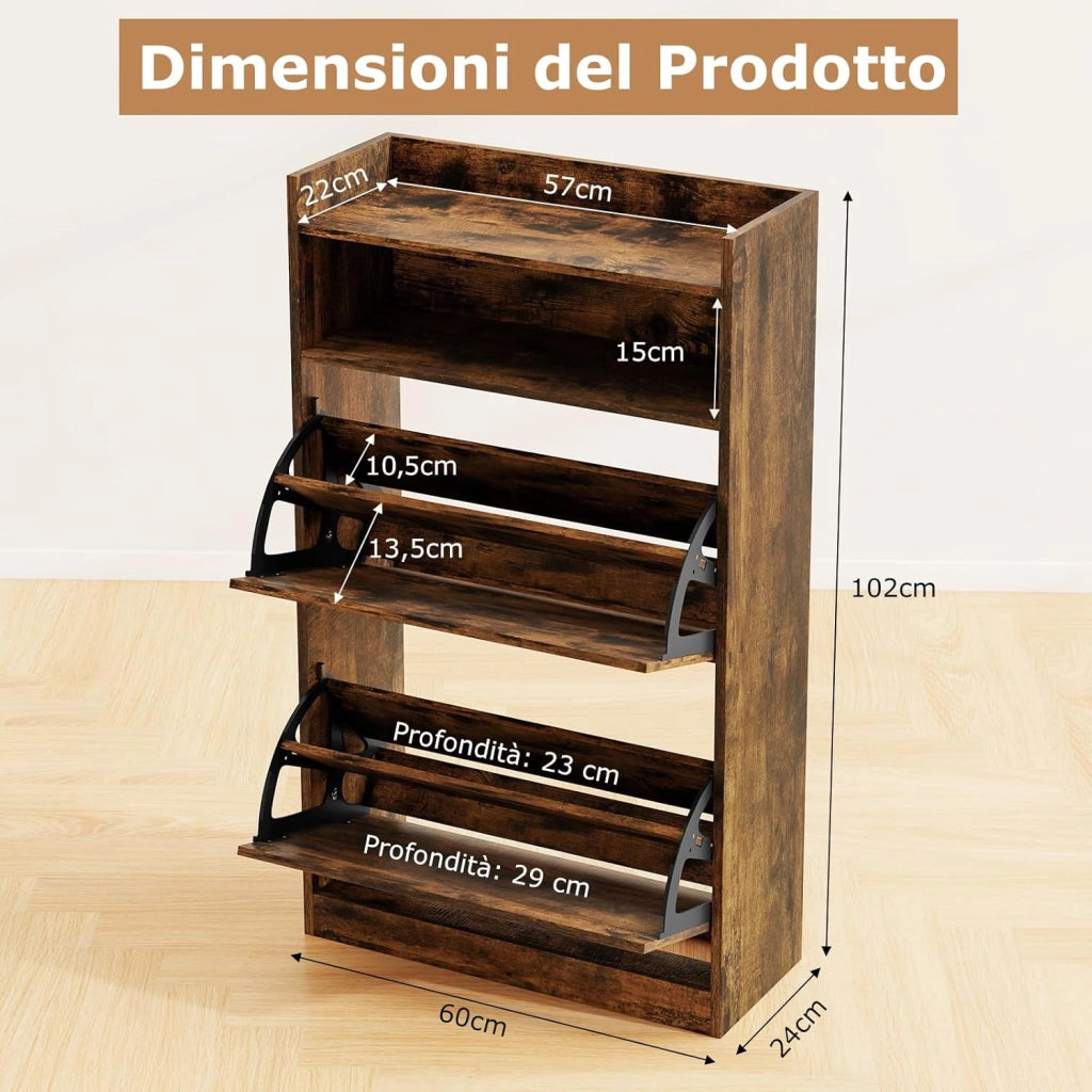 Scarpiera Slim in Legno, Portascarpe a 4 Livelli con 2 Cassetti a Ribalta, con Ripiano Aperto, Mobile Porta Scarpe per Ingresso Corridoio, 60x24x102 cm (Marrone)