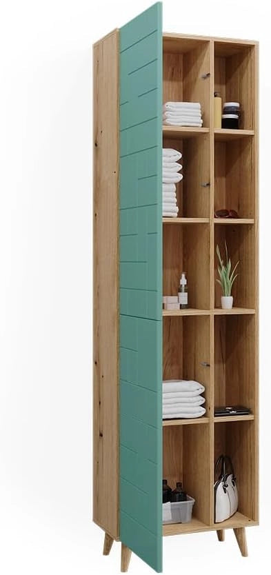 Armadio per il bagno Rudi, Verde menta, 56 x 193 cm con ante e vani a giorno, con meccanismo push-to-open e struttura combinabile
