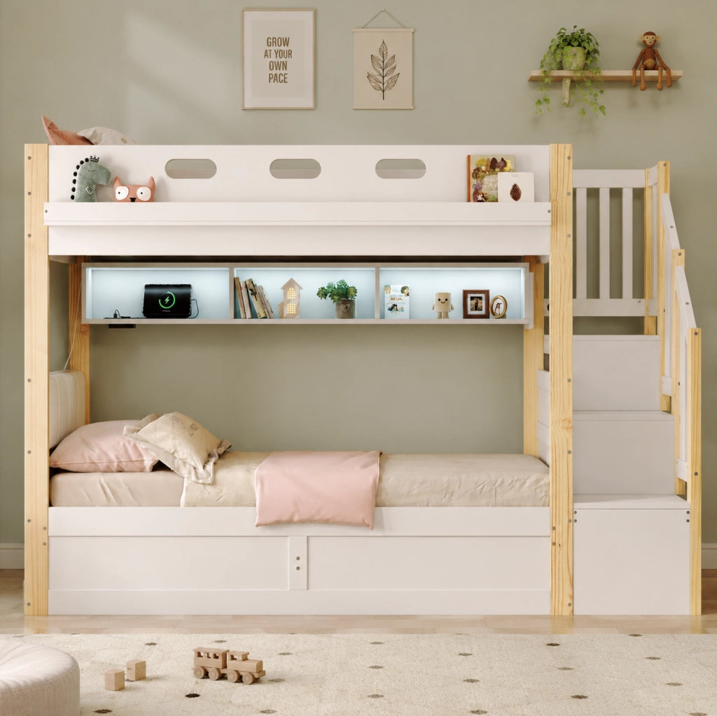 Letto a castello 90x200 cm in pino e MDF con contenitore idraulico; scala contenitore; bianco