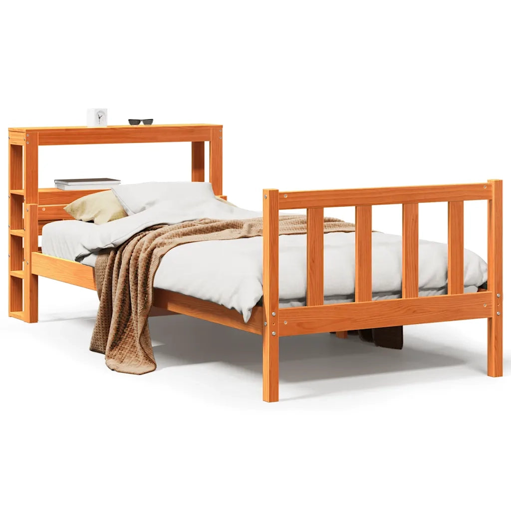 Letto singolo | Letto per adulti | Giroletto con Testiera Marrone Cera 75x190 cm Massello Pino