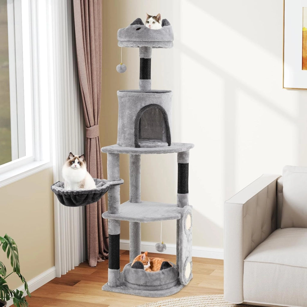 Tiragraffi per Gatti Alto 144 cm, Albero Tiragraffi Gatto con 3 Pali in Sisal, Amaca, 2 Pompom e Grotta, Cuccia Albero Gatto Imbottito in Peluche con Tavola in Sisal, Grigio