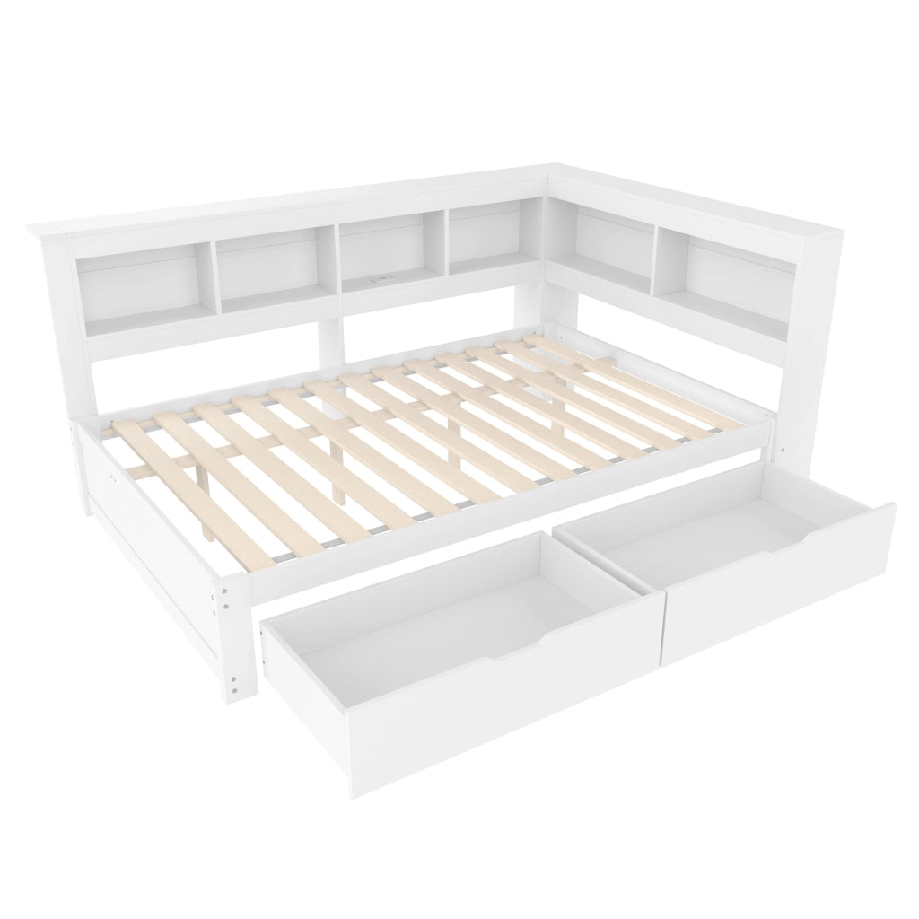 Divano letto 140 x 200 cm bianco con rete a doghe; 2 cassetti e prese USB