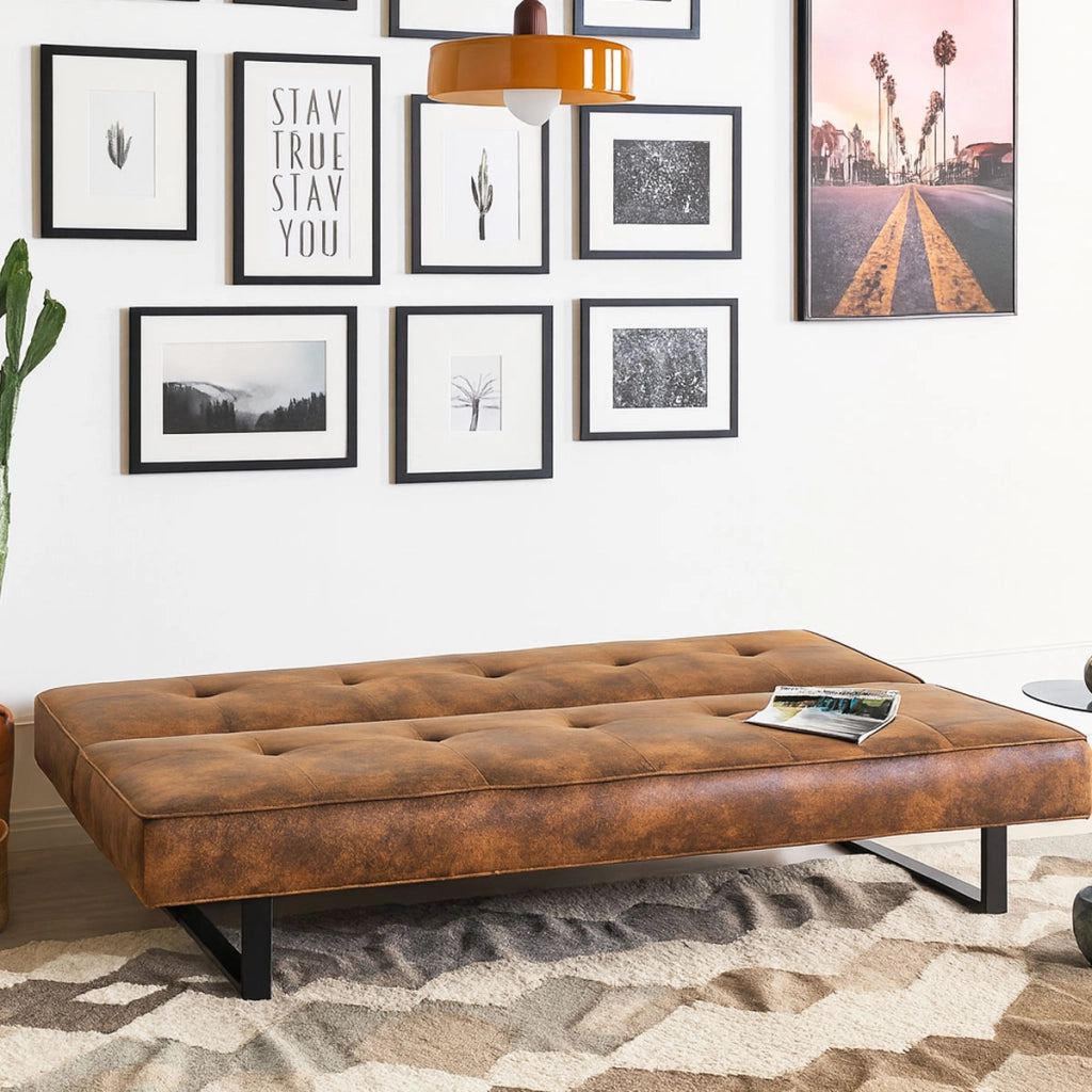 Divano Letto 3 Posti Click Clack Pelle Ecologica Marrone Vintage Design Moderno
