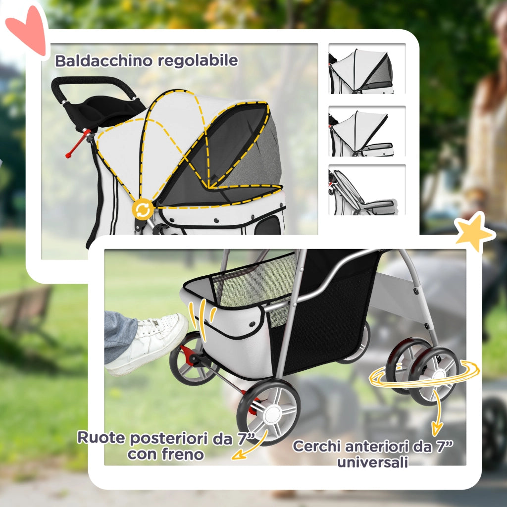 Passeggino per Cani Pieghevole con Catarifrangenti Freni e Cuscino Lavabile Grigio