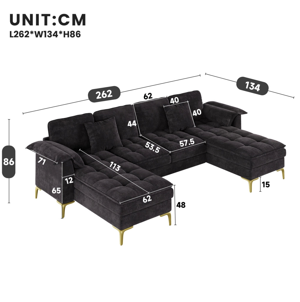 Sofa a U modulare 4-5 posti 262x134x86 cm in chenille nero; con 2 chaise longue