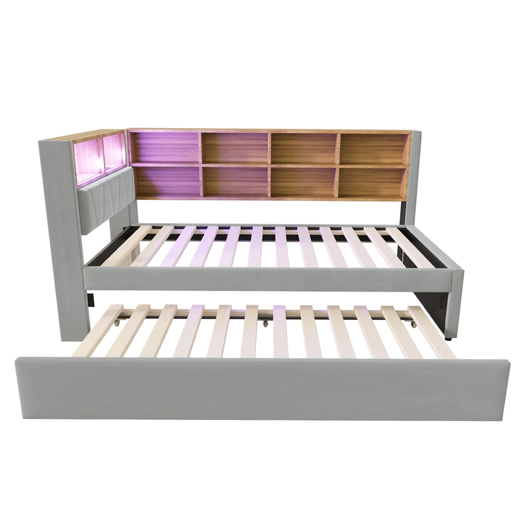 DESMIU Divano letto 90 × 200 cm 2 posti con LED, porte USB, Type-C e presa, senza materasso, grigio chiaro