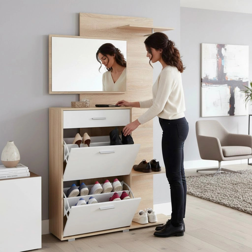 Ingresso Scarpiera Con Specchio 2 Ante A Ribalta Cassetto Appendiabiti E Mensola Mobile Salvaspazio Moderno Per Ingresso Corridoio Stile Nordico 192 X 120 X 24.5 Cm Rovere E Bianco