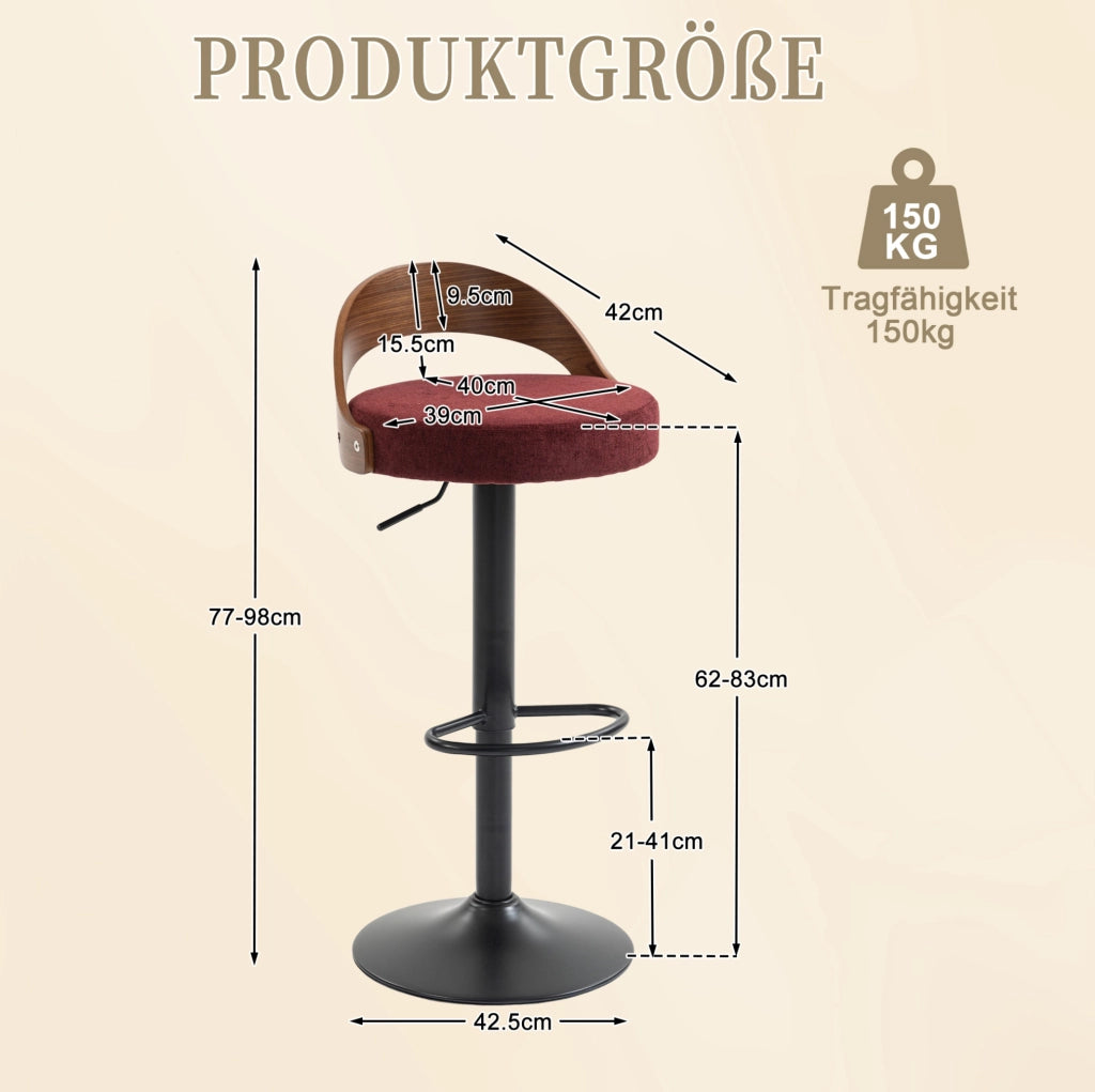 Set 2 sgabelli bar girevoli 360° regolabili in altezza; lino bordeaux; con schienale effetto noce